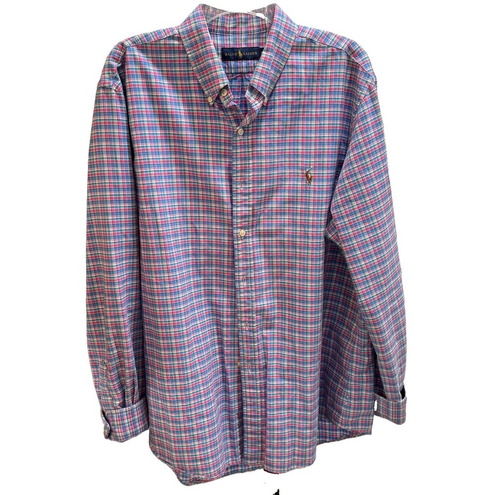 Ralph Lauren Shirt Plaid Blue Pink Green Full Color Pony Button Up Cotton Sz XL